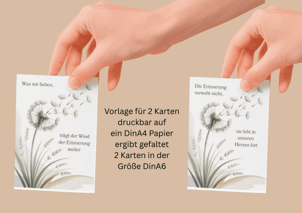 Beileidskarten zum Ausdrucken mit Pusteblume, dritte kleine Variante mit 2 Sprüchen