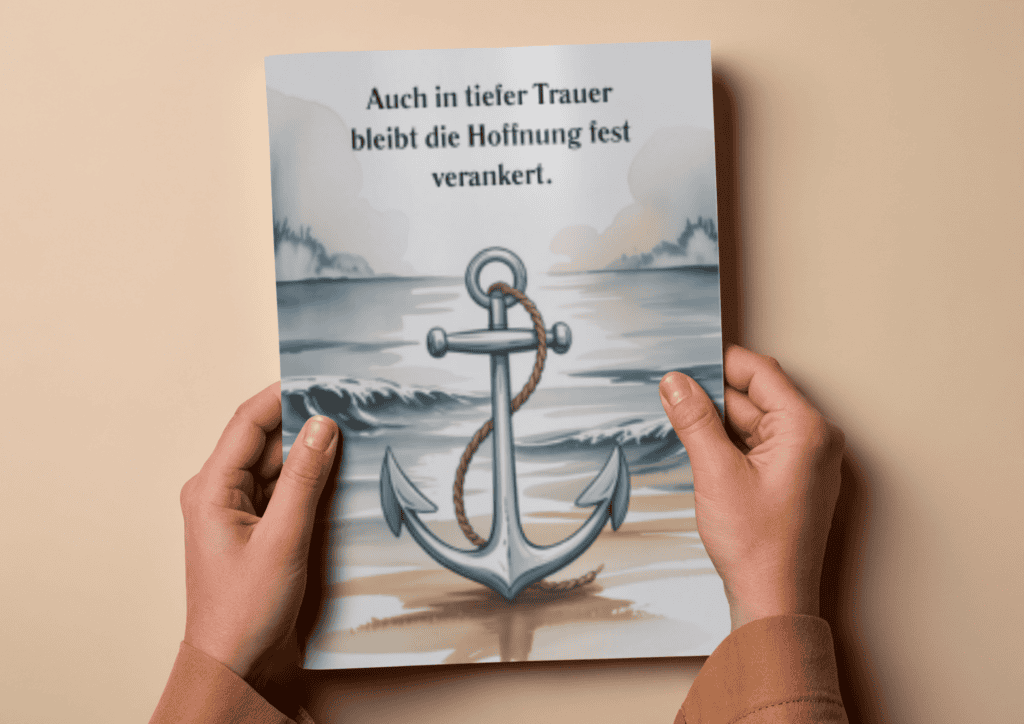 Beileidskarte zum Ausdrucken mit Anker, fertige Karte in Händen gehalten