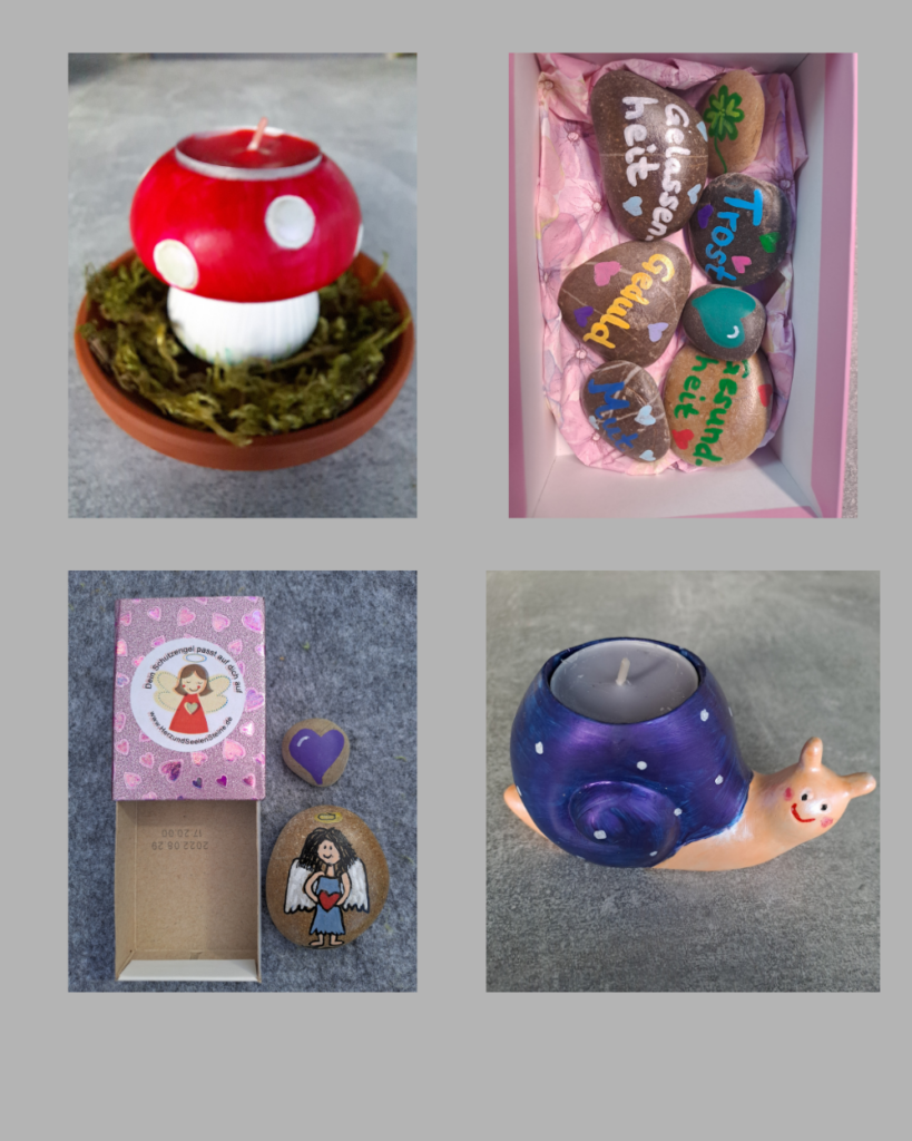 Geschenkideen für jeden Anlass, z.B. Fliegenpilz Teelichthalter, Nimm dir was du brauchst Steinebox, Schnecke als Teelichthalter, Schutzengelbox