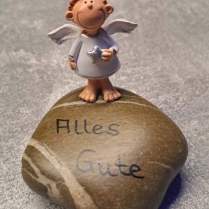 Alles Gute - weißer Schutzengel auf Stein mit diesem Glückwunsch