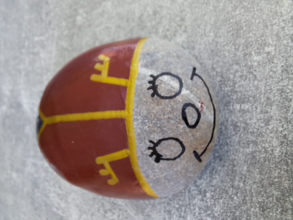 Maikäfer auf Stein malen, nun wird mit schwarzem Acrylstift der Umriss der Augen und Nase sowie der Mund aufgemalt und Wimpern an die Augen