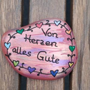 Von Herzen alles Gute Spruchstein, rosametallic farbener Stein mit Herzbordüre und Spruch