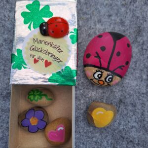 Silberne Glückskäfer Box Geschenkset mit pinkem Käferstein