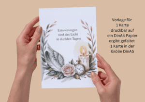 Beileidskarte mit Engelsflügel, Rose, Kerze und Uhr sowie schönem Spruch zum Ausdrucken (pdf-Datei) hier 1 große Karte gedruckt auf ein DinA4 Papier, ergibt 1 Karte DinA5