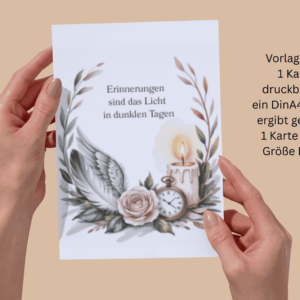 Beileidskarte mit Engelsflügel, Rose, Kerze und Uhr sowie schönem Spruch zum Ausdrucken (pdf-Datei) hier 1 große Karte gedruckt auf ein DinA4 Papier, ergibt 1 Karte DinA5