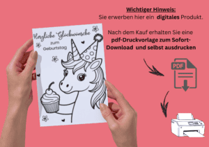 Einhorn Geburtstagskarte zum Ausdrucken, mit Hinweis auf Sofortdownload zum selbst ausdrucken