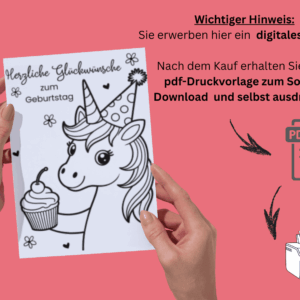 Einhorn Geburtstagskarte zum Ausdrucken, mit Hinweis auf Sofortdownload zum selbst ausdrucken