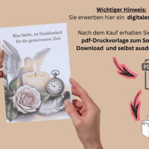 Beileidskarte mit Engel, Kerze und Uhr sowie schönem Spruch zum Ausdrucken (pdf-Datei)