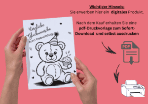 Geburtstagskarte zum Ausdrucken mit Bärenmotiv, mit Hinweis auf Sofortdownload zum selbst ausdrucken