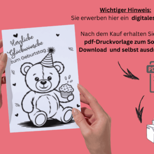 Geburtstagskarte zum Ausdrucken mit Bärenmotiv, mit Hinweis auf Sofortdownload zum selbst ausdrucken