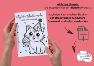 Geburtstagskarte zum Ausdrucken mit Katze sowie Infos über Download und Ausdrucken der Karte