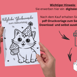 Geburtstagskarte zum Ausdrucken mit Katze sowie Infos über Download und Ausdrucken der Karte