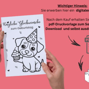 Geburtstagskarte zum Ausdrucken mit Hund sowie Infos über Download und Ausdrucken der Karte