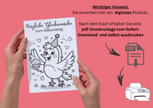 Geburtstagskarte zum Ausdrucken mit Vogel als Motiv und Info, dass es sich um ein digitales Produkt zum Sofort-Download und selbst ausdrucken handelt