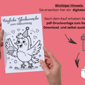 Geburtstagskarte zum Ausdrucken mit Vogel als Motiv und Info, dass es sich um ein digitales Produkt zum Sofort-Download und selbst ausdrucken handelt