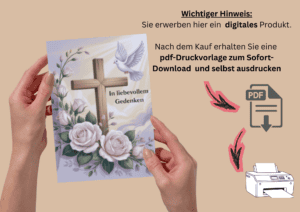 Beileidskarten zum Ausdrucken mit Kreuz Taube und Rosen, mit Hinweis auf Sofortdownload zum selbst ausdrucken