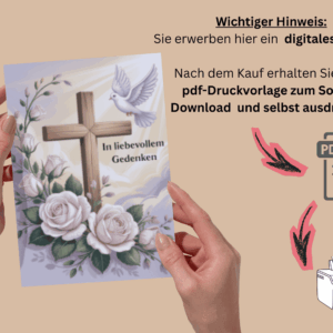 Beileidskarten zum Ausdrucken mit Kreuz Taube und Rosen, mit Hinweis auf Sofortdownload zum selbst ausdrucken