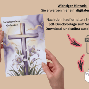 Beileidskarte zum Ausdrucken mit Kreuz und Lilien und Erklärung über Download und Ausdrucken in Eigenregie