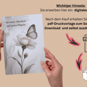 Beileidskarten zum Ausdrucken mit Schmetterling und Blume als Motiv und Erklärung über Download und Ausdrucken in Eigenregie