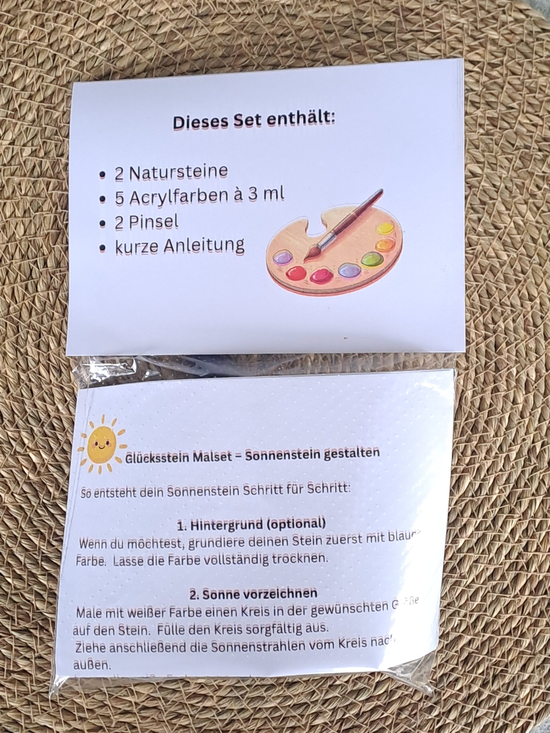Rückseite des Glücksstein-Malset Sonnenstein gestalten