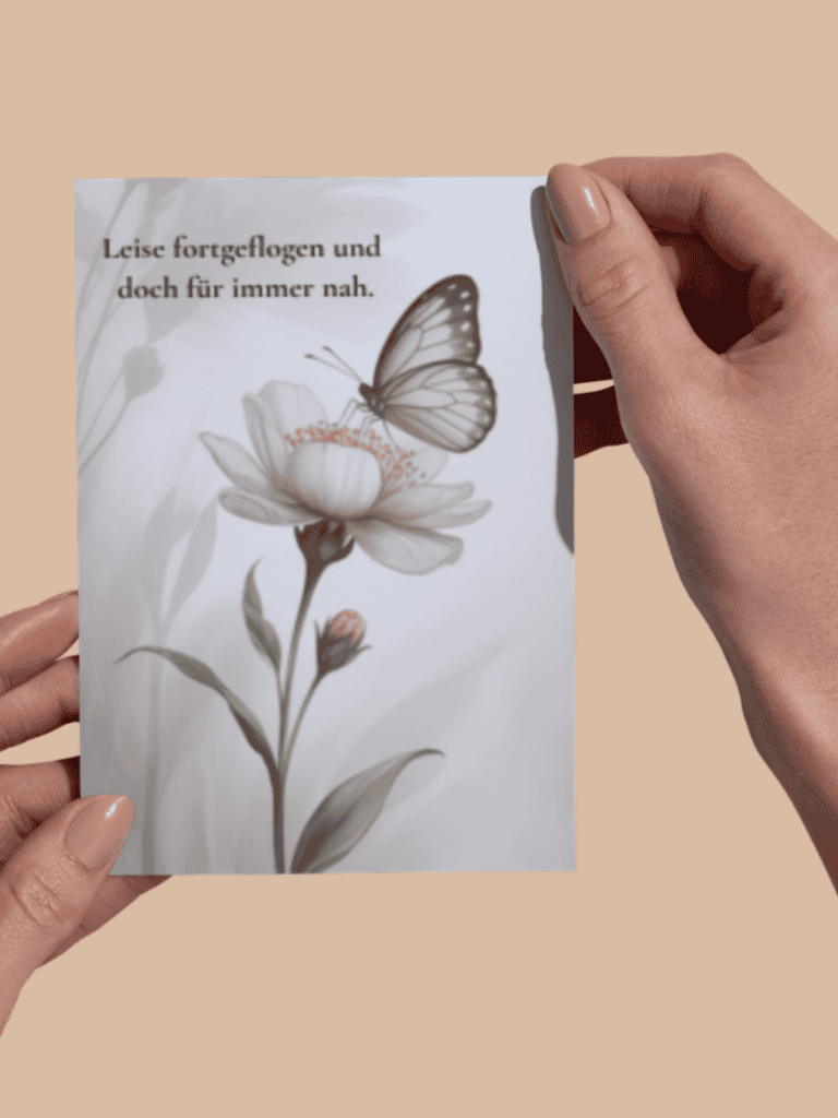 Karten zum Ausdrucken, zwei Hände halten eine der ausgedruckten fertigen Karten hoch mit einem Schmetterling, der auf einer Blume sitzt