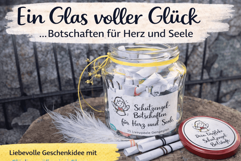 Ein Glas voller Glück - Schutzengel Botschaften zusammengerollt in einem Schraubglas, liebevoll verziert mit Bändern und einer Feder als Deko