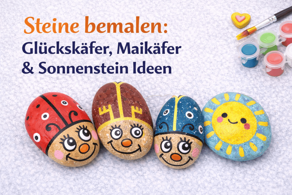 drei Käfer- und ein Sonnenstein nebeneinander, dazu Farben und Pinsel zum Thema Steine bemalen